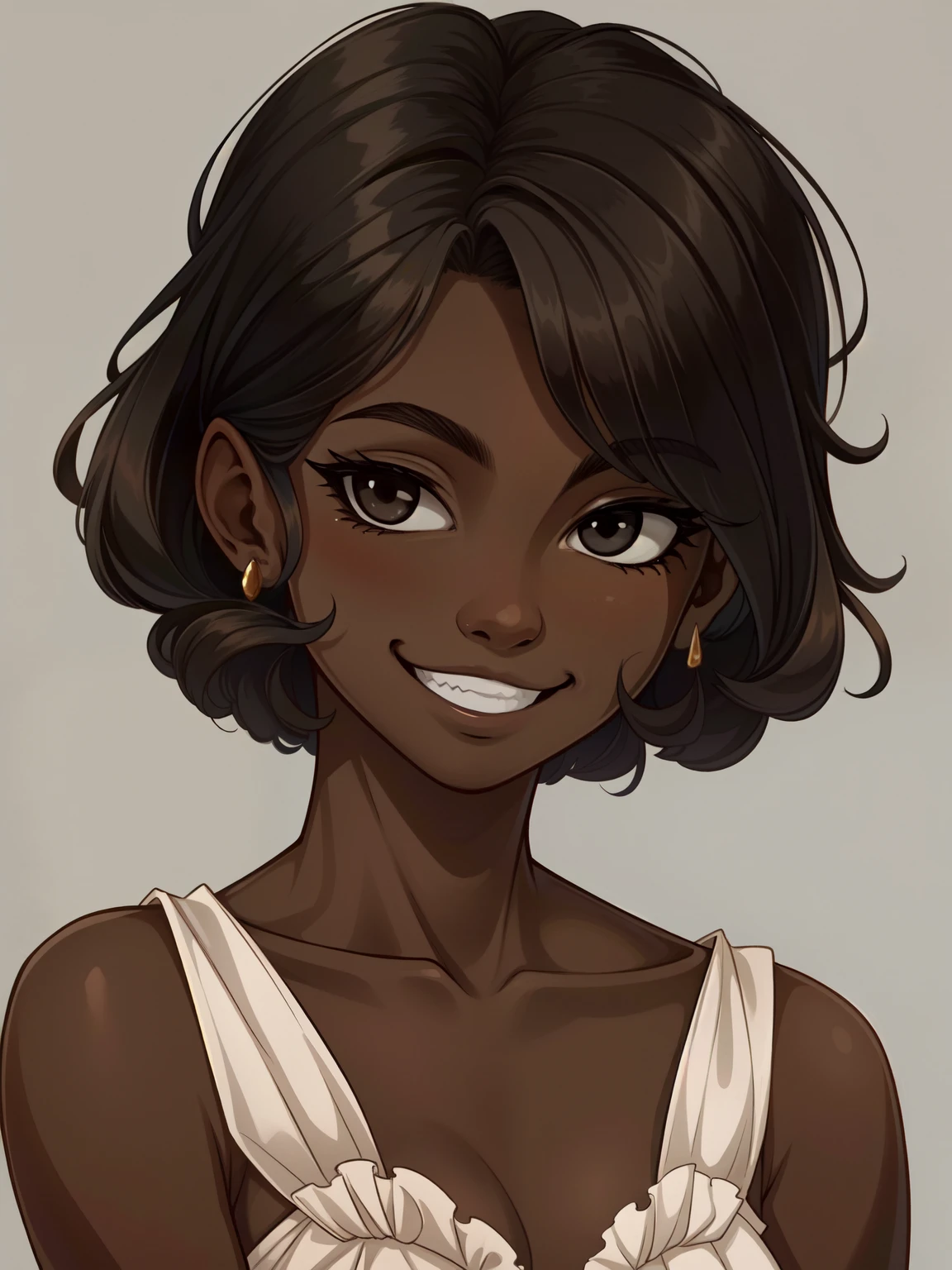 Masterpiece, best quality, high-res, extremely detailed, 1 girl, (dark brown skin tone:1.2), black eyes, smiling, princess, short bob, (face cuts), pain behind smile
