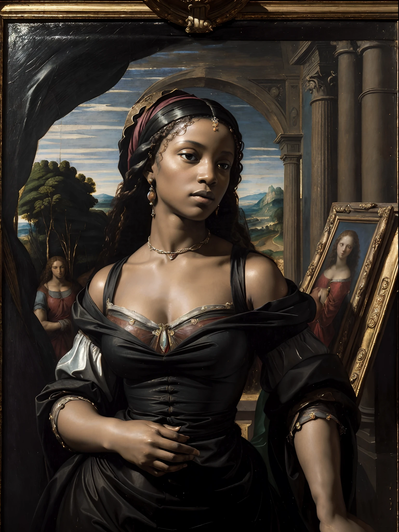 (Pintura a óleo renascentista de uma linda mulher negra:1.3), melhor qualidade, obra de arte, expressivo, Emocionante, 256 mil, épico, luzes crepusculares, (por Michelangelo, por Rafael, por Rubens:1.2), claro-escuro, melhor qualidade, obra de arte, (melhores mãos)