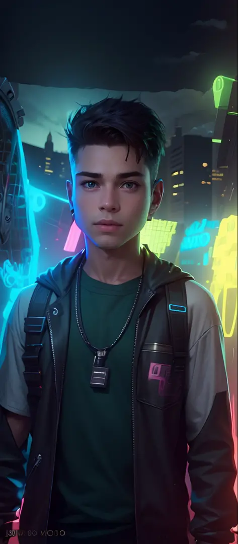 smart boy,neon background,realistic,8k,v4