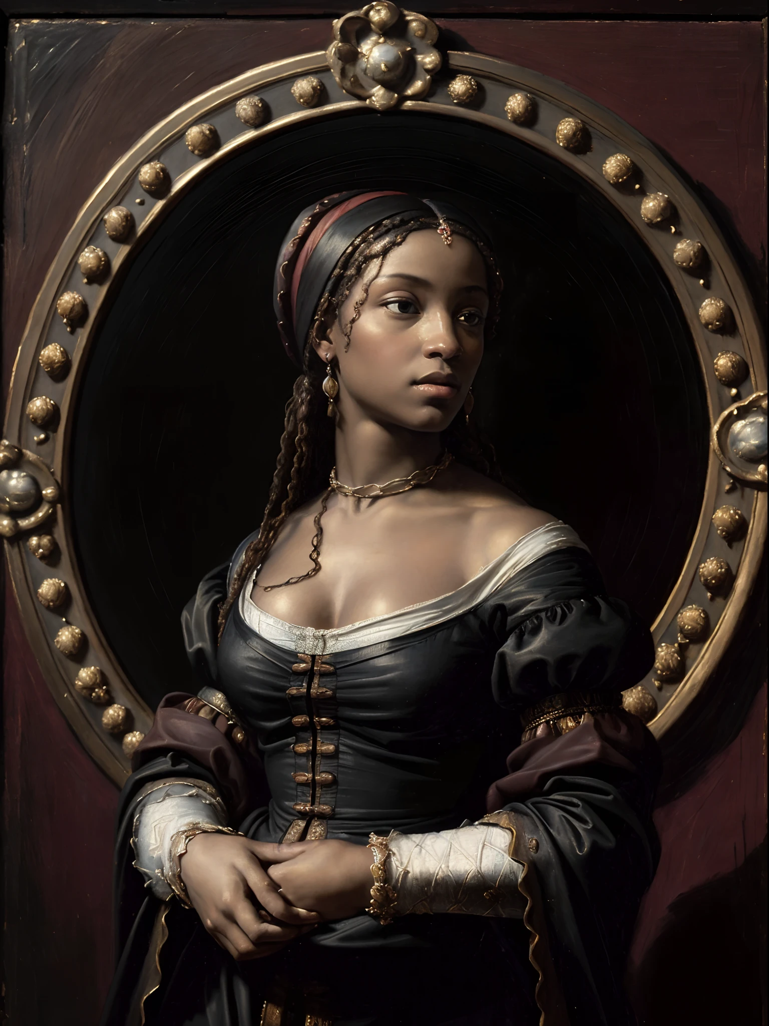 (Renaissance oil painting of a beautiful black woman:1.3), best quality, masterpiece, expressive, thrilling, 256k, epic, crepuscular lights, (by Michelangelo, by Rafael, by Rubens:1.2), chiaroscuro, best quality, masterpiece, (best hands)