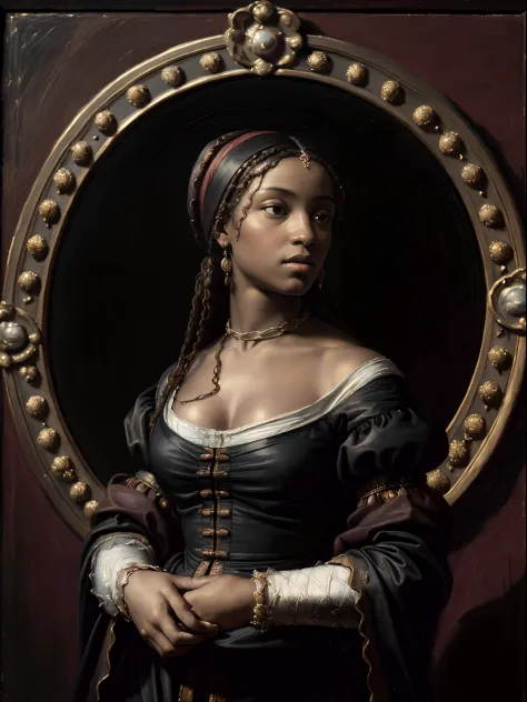 (Renaissance oil painting of a beautiful black woman:1.3), best quality, masterpiece, expressive, thrilling, 256k, epic, crepusc...