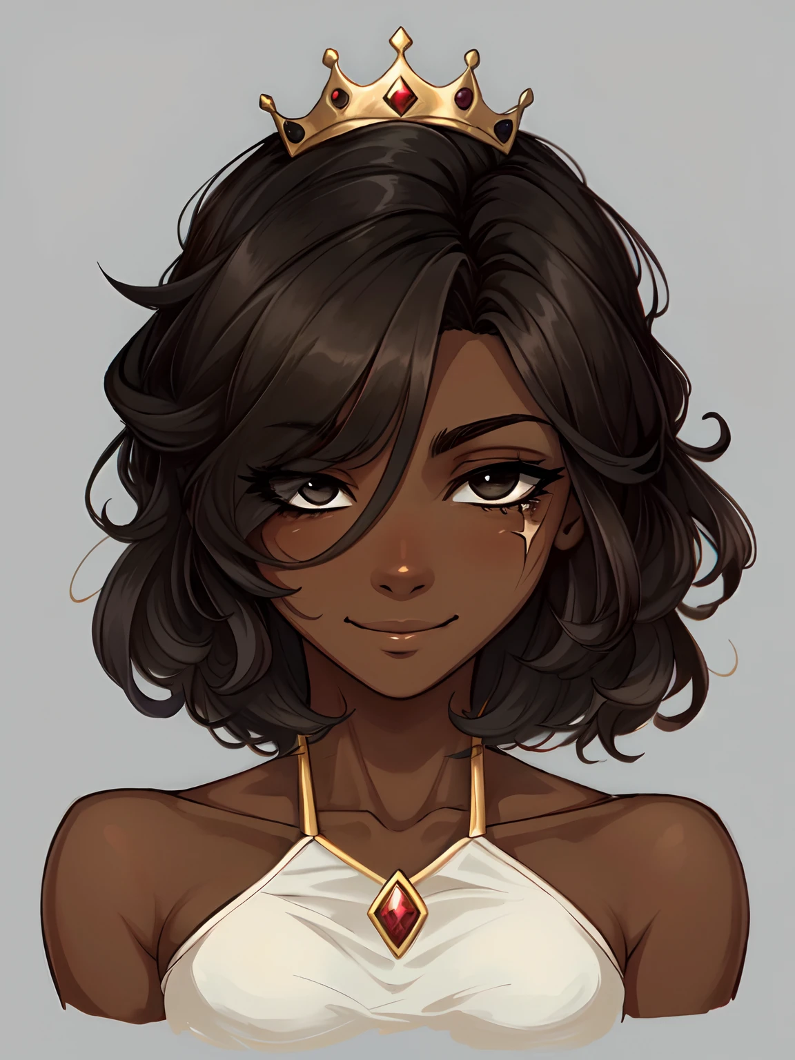 Masterpiece, best quality, high-res, extremely detailed, 1 girl, (dark brown skin tone:1.2), black eyes, princess, short bob, (claw scar on eye), pain behind smile,  sleepy eyes