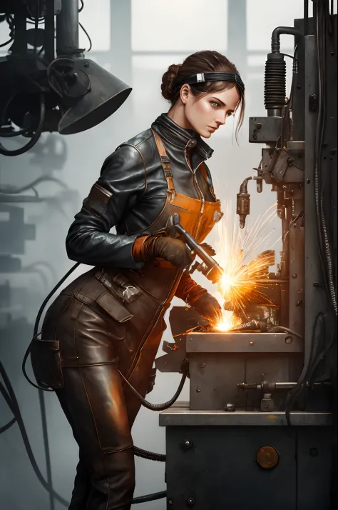 Incredible modern art portrait of female metal welder at work machine, humid and sultry atmosphere, hot hourglass figure in a we...