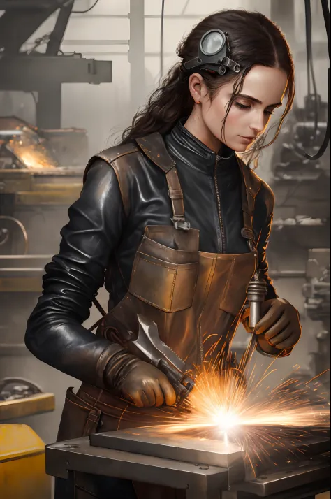 Incredible modern art portrait of female metal welder at work machine, humid and sultry atmosphere, hot hourglass figure in a we...