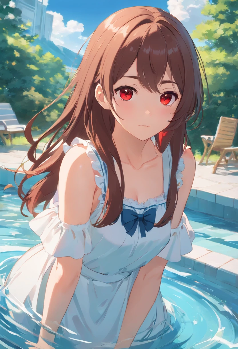 Brown hair，long whitr hair，red color eyes，White Lolita，Beth，Pool