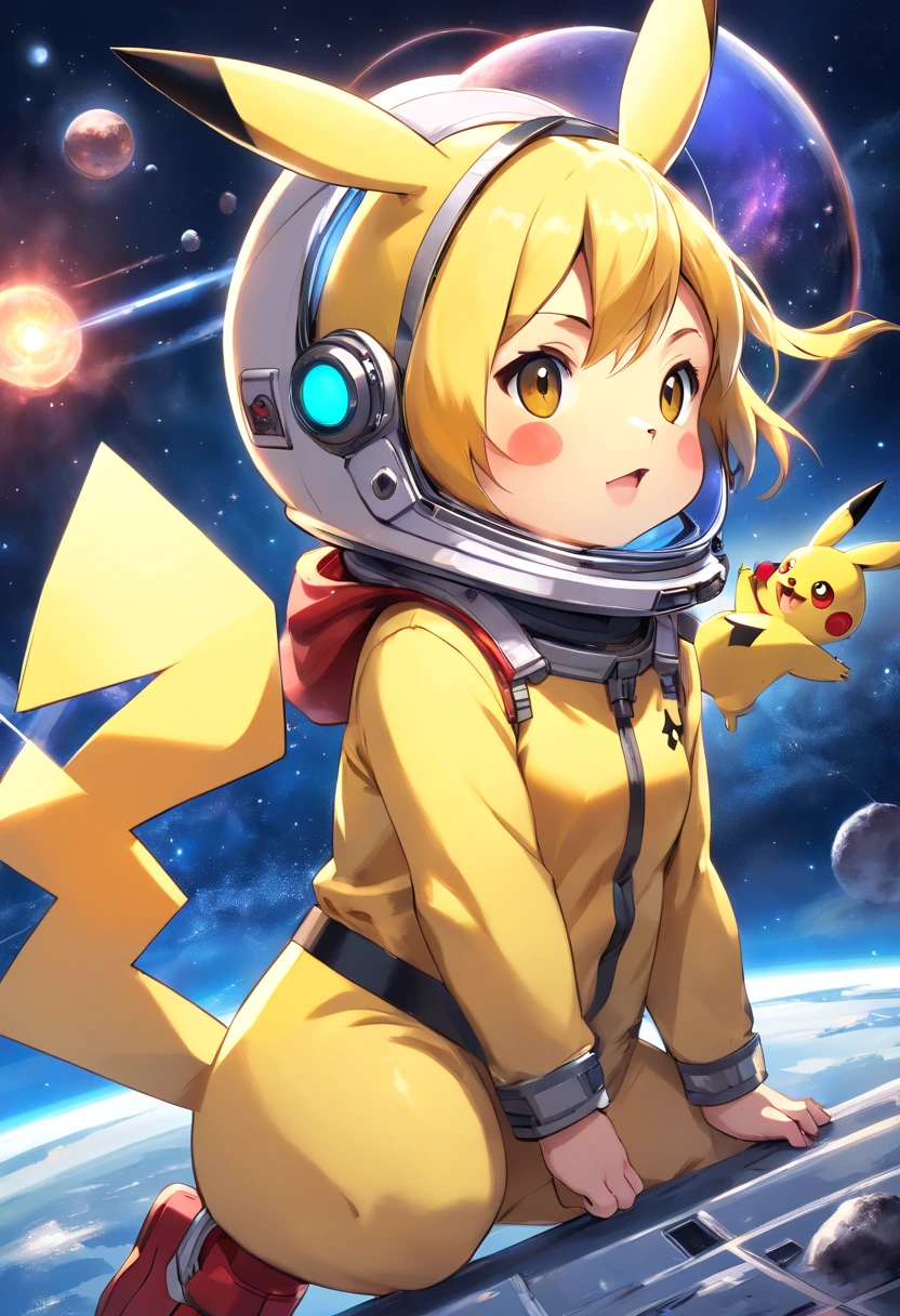 Uma imagem de desenho animado de uma garota em um traje espacial com um  pikachu - SeaArt AI