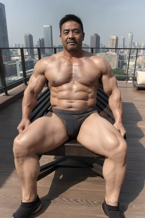 Uncle Shandong, China，male people，He was about 35 years old，Rough and handsome looks，musculature，Oversized muscles，Oversized pectoral muscles，Bare topless，Big waist round，Chest hair，Lie on a deck chair，Rooftop，城市，underwear，Black socks，buzz cut, vred, scowl...