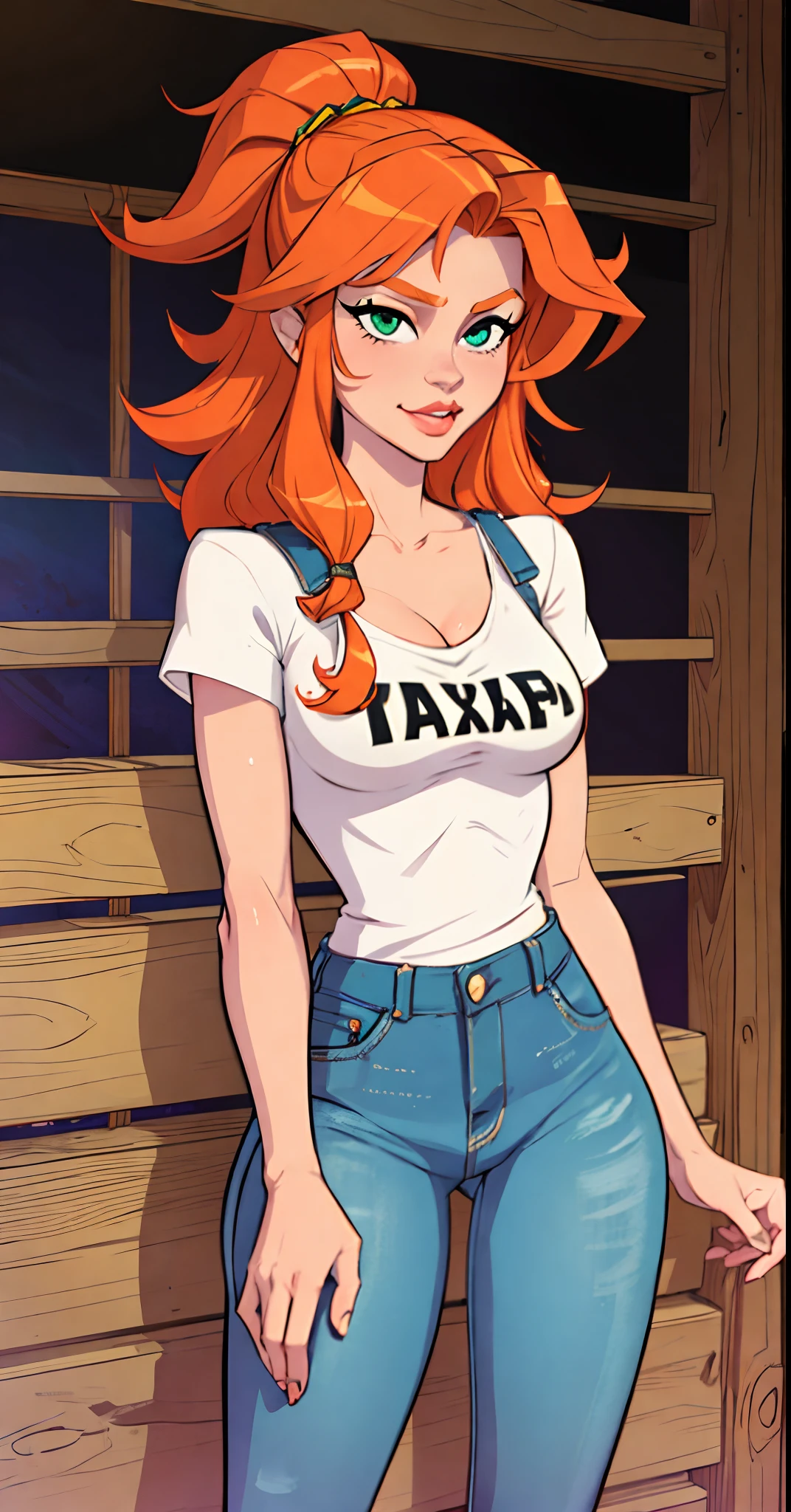 A cartoon girl with red hair and a white shirt is standing in front of a  wooden door - SeaArt AI