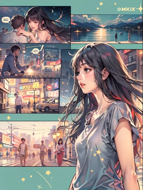 Comic storyboard:1.8, comic strip, English text, draw the Story of the woman who loves to the 30 year's man, anime emoji theme, night sky, beautiful Firefly, text dialogue box, draw front page of this story, japanese anime manga, hyperHD, 24K UHD, anime looks.
