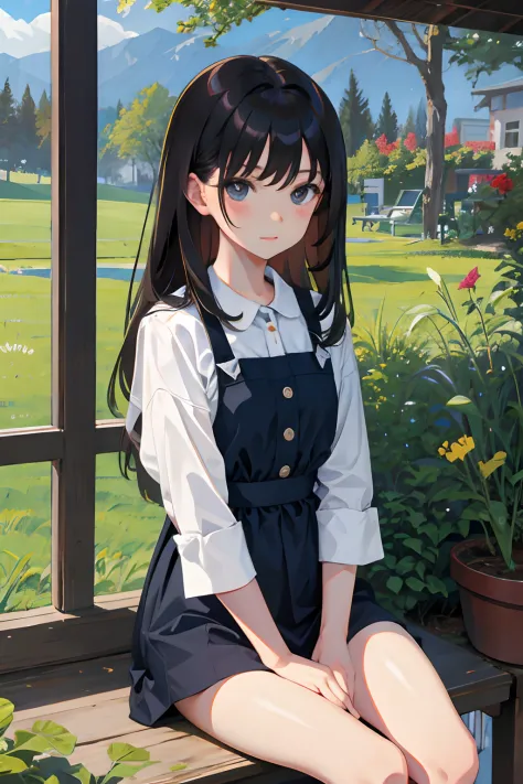 hand between legs，child，（​masterpiece，Highest Quality），Pasture，A dark-haired