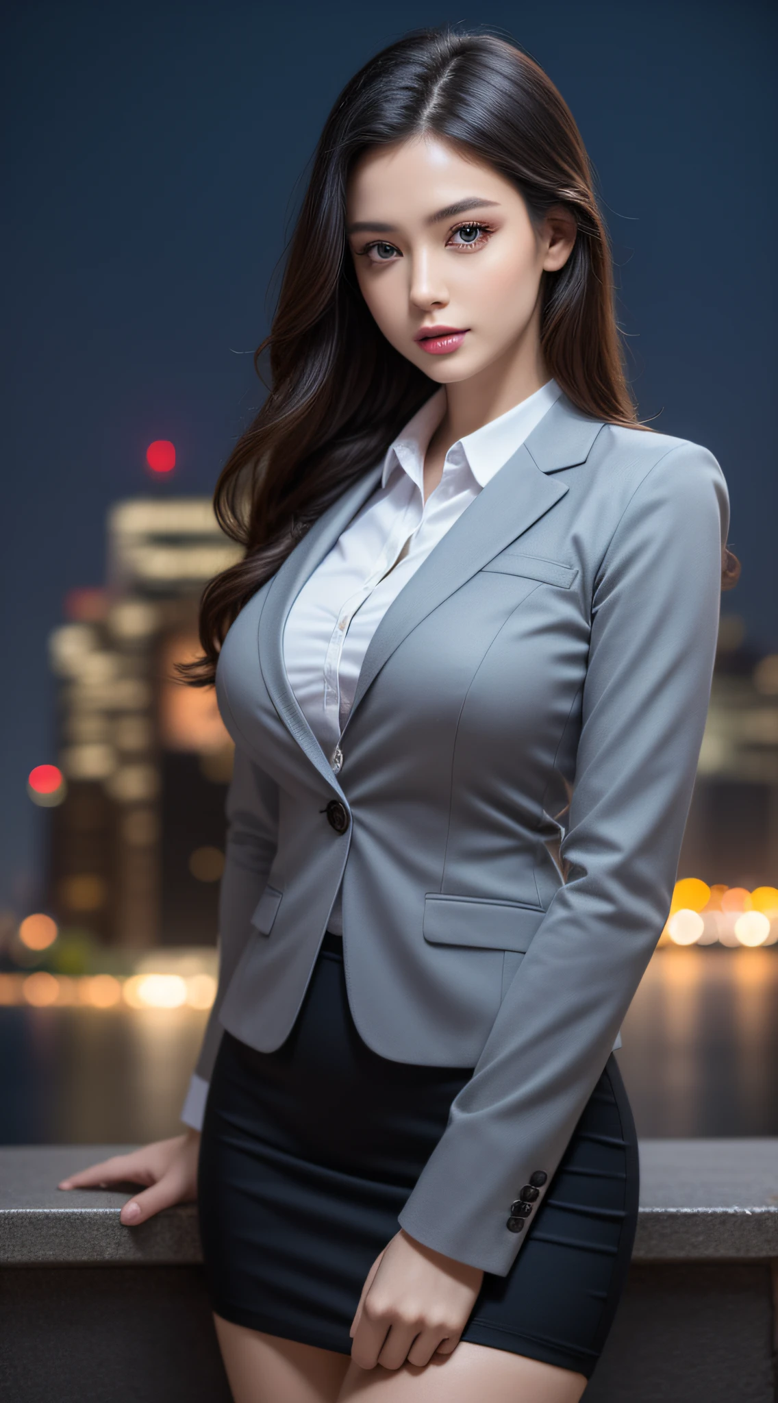 (1girl), Beautiful, Amazing face and eyes, makeup, (extremely detailed beautiful face), (the most sexy look), (Beautiful big breasts:1.1), (Best Quality:1.4), (Ultra-detailed), (extremely detailed CG unified 8k wallpaper), Highly detailed, raw photos, Professional Photography, ((Business Suit)), (tight skirt), (Business shirt with open), Outdoors, (business district, night city, illuminations), (night sky), depth of fields,