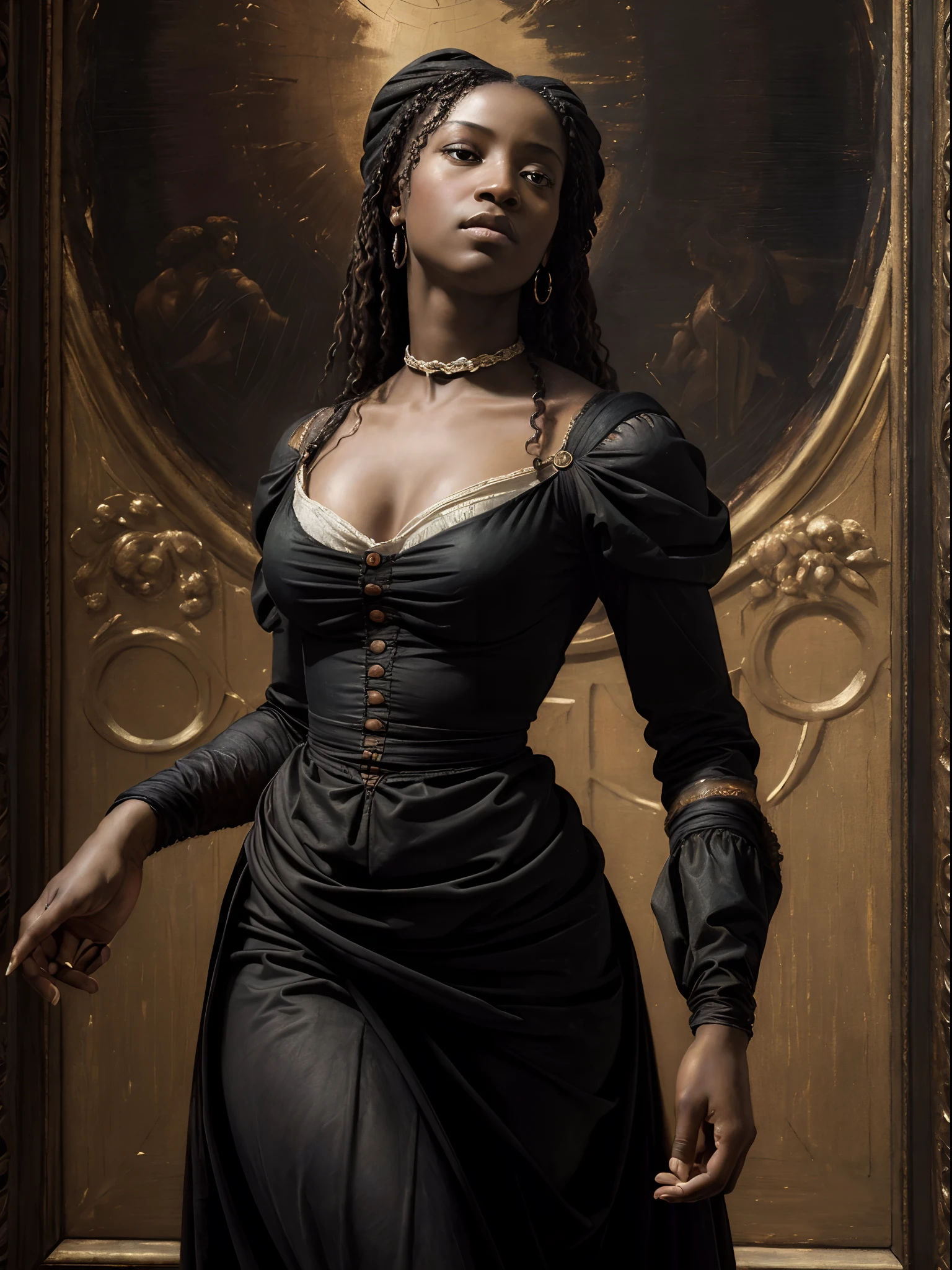 (Pintura al óleo renacentista de una bella mujer negra.:1.3), mejor calidad, obra maestra, expresivo, emocionante, 256k, épico, iluminación crepuscular, (como miguel angel, por Raphael, por Rubens:1.2), chiaroscuro, mejor calidad, obra maestra, (Las mejores manos)