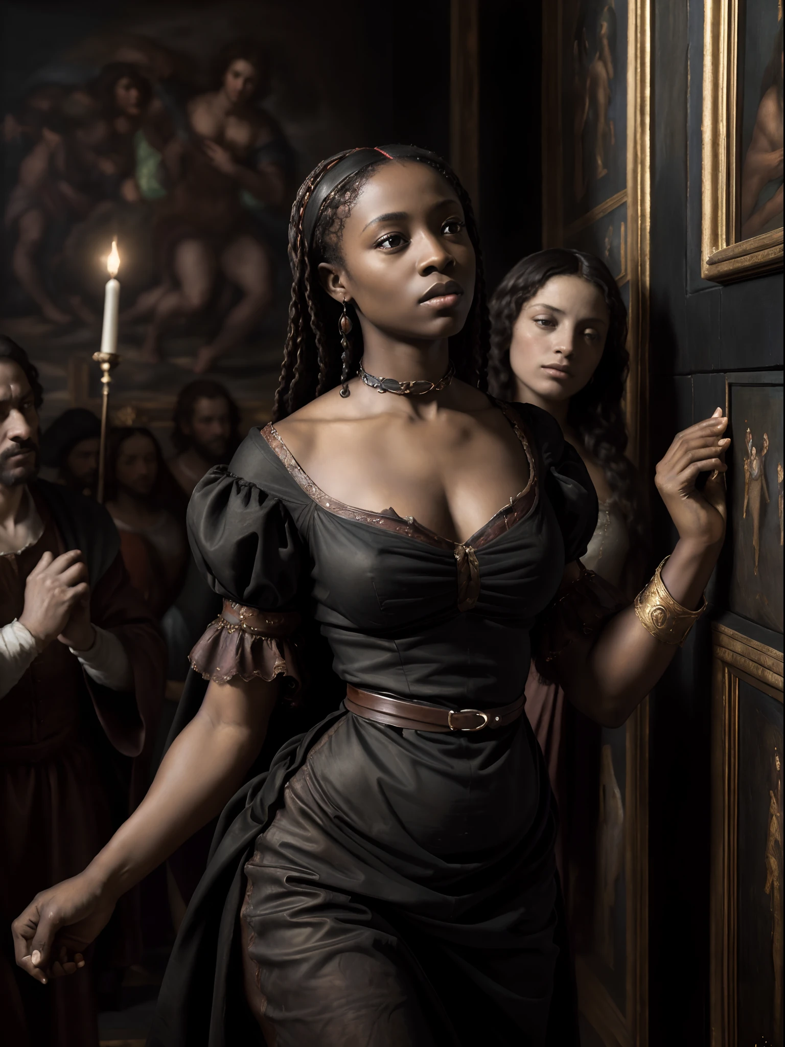 (Renaissance oil painting of beautiful black woman:1.3), Best Quality, Masterpiece, expressive, thrilling, 256K, Epic, Crepuscular lighting, (par Michelangelo, by Raphael, by Rubens:1.2), chiaroscuro, Best Quality, Masterpiece, (The best hands)