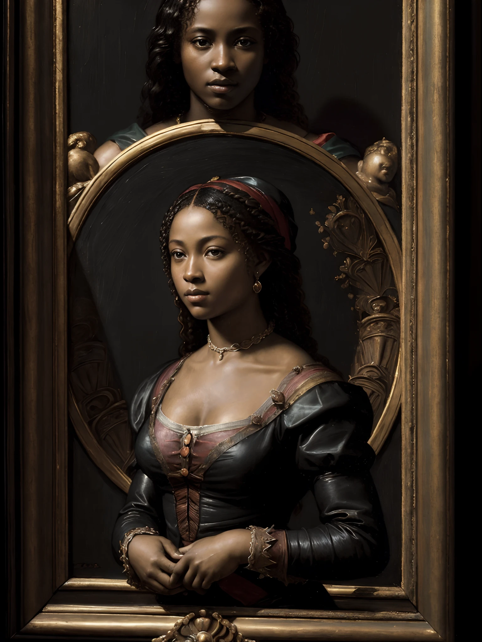 (Pintura a óleo renascentista de uma bela mulher negra:1.3), melhor qualidade, obra de arte, expressivo, Emocionante, 256 mil, épico, Iluminação Crepuscular, (como Michelangelo, Por Rafael, por Rubens:1.2), claro-escuro, melhor qualidade, obra de arte, (as melhores mãos)