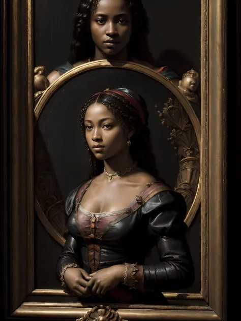(Renaissance oil painting of beautiful black woman:1.3), Best Quality, Masterpiece, expressive, thrilling, 256K, Epic, Crepuscul...