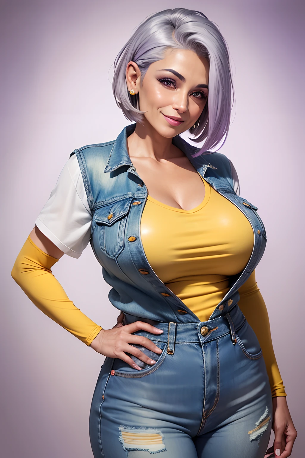 A close up of a woman with a blue jean jacket and yellow top - SeaArt AI