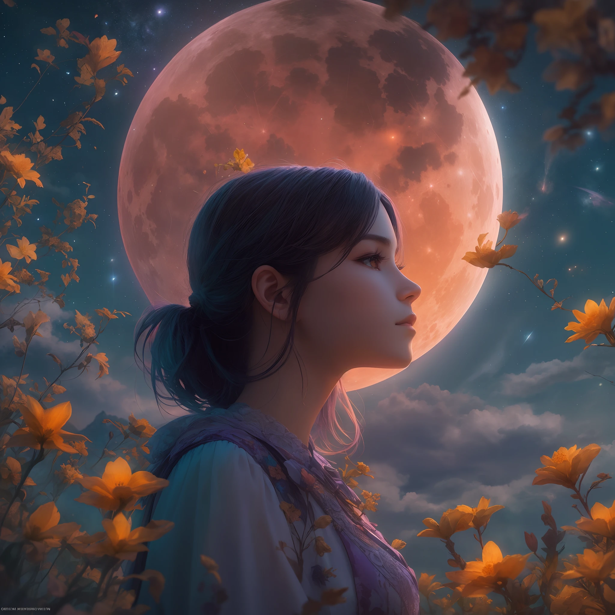 ((write)), Vast landscape photos, (view from below with a view of the sky and wilderness below), Girl standing in a flower garden and looking up, (fullmoon: 1.2), (shooting stars: 0.9), (nebulas: 1.3), distant mountain, Tree Break Production Art, (Warm light source: 1.2), (firefly: 1.2), apples, Purple and orange, intricate detailes, Volume Lighting, Realism Break (masutepiece: 1.2) (Best Quality), 4K, Ultra-detailed, (Dynamic configuration: 1.4), Highly detailed and colorful details, (Iridescent colors: 1.2), (Glowing lighting, Atmospheric lighting), Dreamy, Magical, (Solo: 1.2)