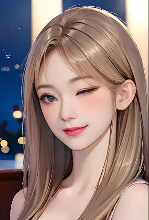 (8k, top quality, masterpiece: 1.2), (realistic, photorealistic: 1.37), super detailed, girl single, cute, solo, midnight, beautiful detailed sky, detailed café, sitting, date, (blush), (smile: 1.15), small breasts (mouth closed), beautiful fine eyes, floa...