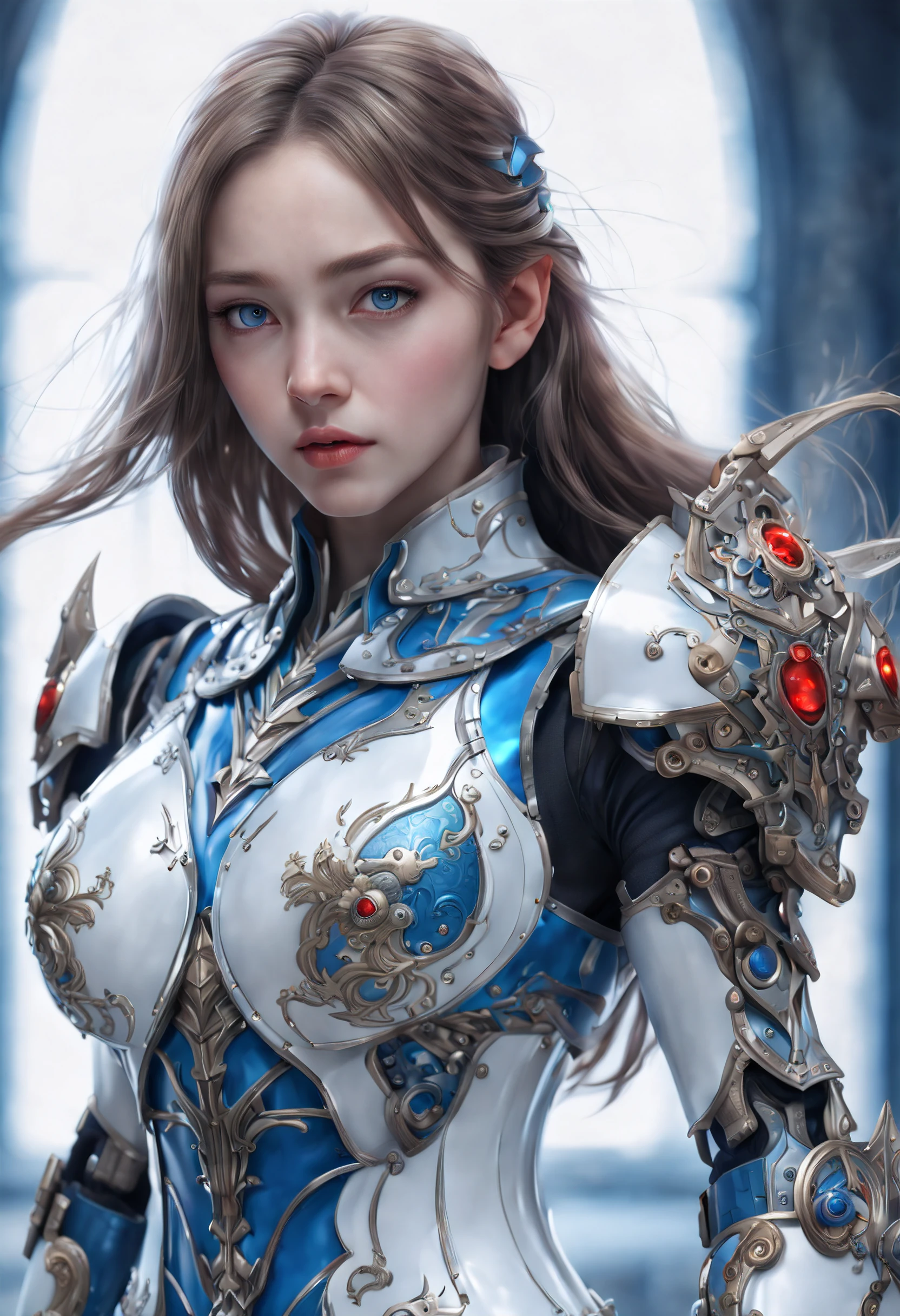 front_view, masterpiece, best quality, photorealistic, raw photo, (1girl, looking at viewer), long hair, mechanical white armor, intricate armor, delicate blue filigree, intricate filigree, red metalic parts, detailed part, dynamic pose, detailed background, dynamic lighting,