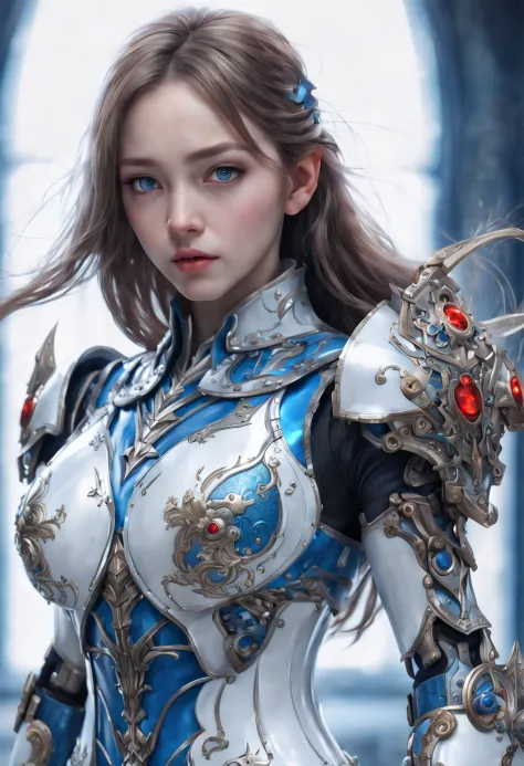 front_view, masterpiece, best quality, photorealistic, raw photo, (1girl, looking at viewer), long hair, mechanical white armor,...