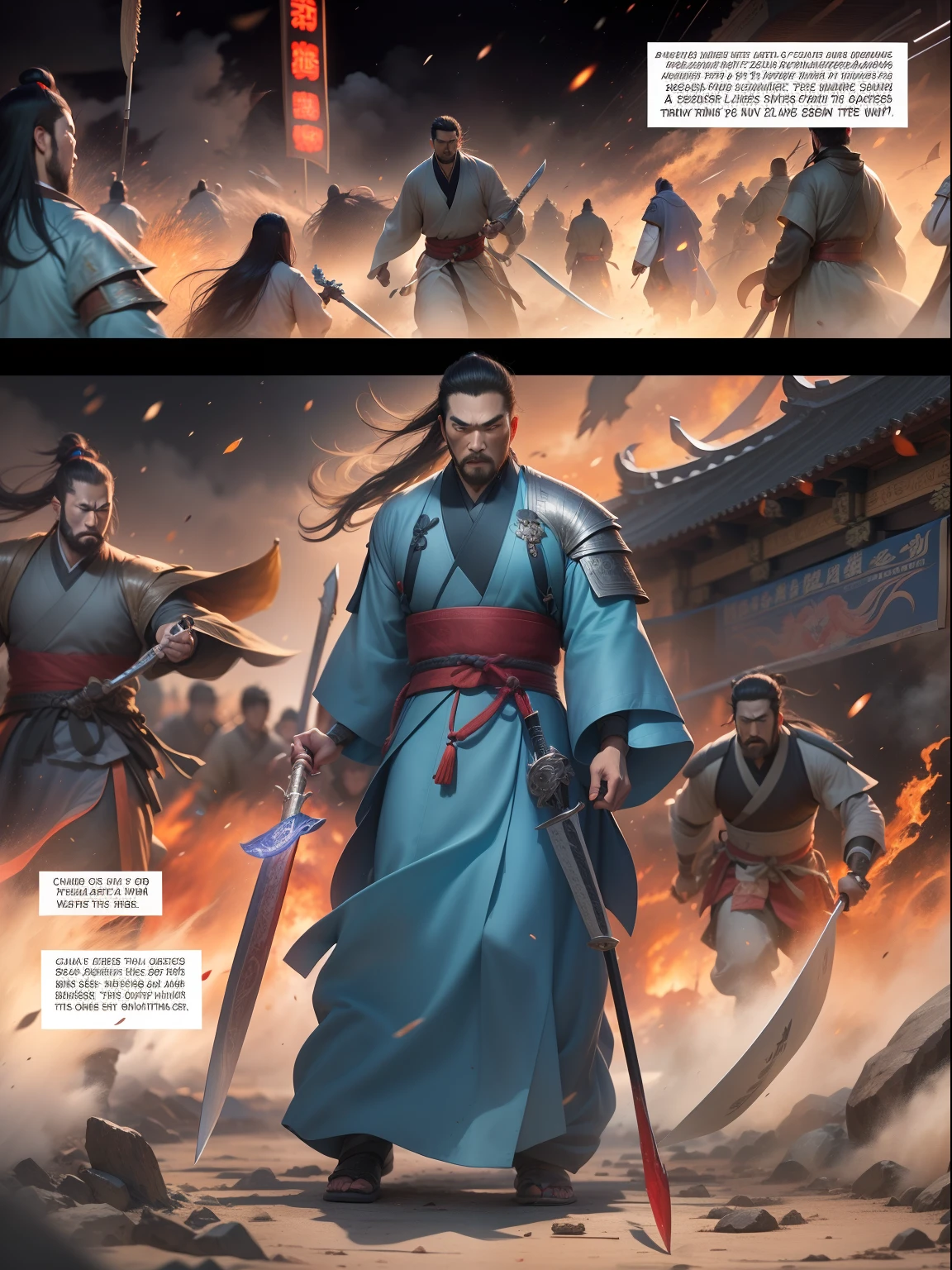 [illustratio，Story split-shots]comic page，There are multiple screens on one page: Chinese male warriors of the Qin Dynasty, A cold face，Symmetrical body, Broken robes，Armed with a bloody blue-edged sword，standing in the wind（Side half close-up）。The battle flag is skewed，Fireworks are everywhere，Enemies in the distance are rushing towards him（bblurry，Faraway view）。[Multi-camera continuous shooting]:Ultra-wide angle, Cinema lenses,Motion capture, Chiaroscuro, Depth of field 1.8，The protagonist is focused，Cinema lenses，Zao Wou-Ki style