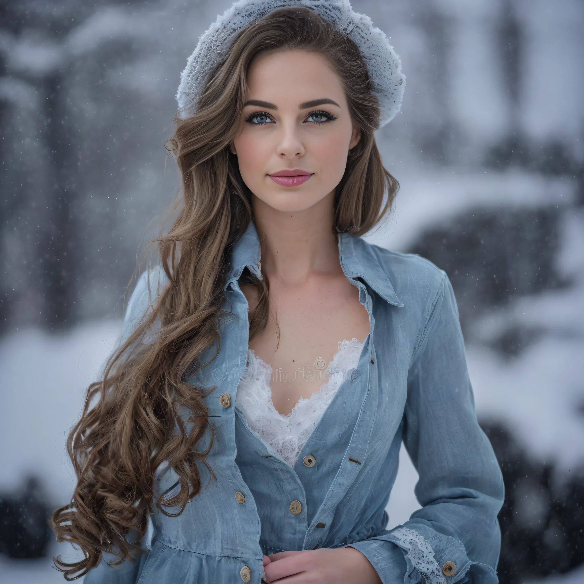 A close up of a woman in a blue jacket and hat - SeaArt AI