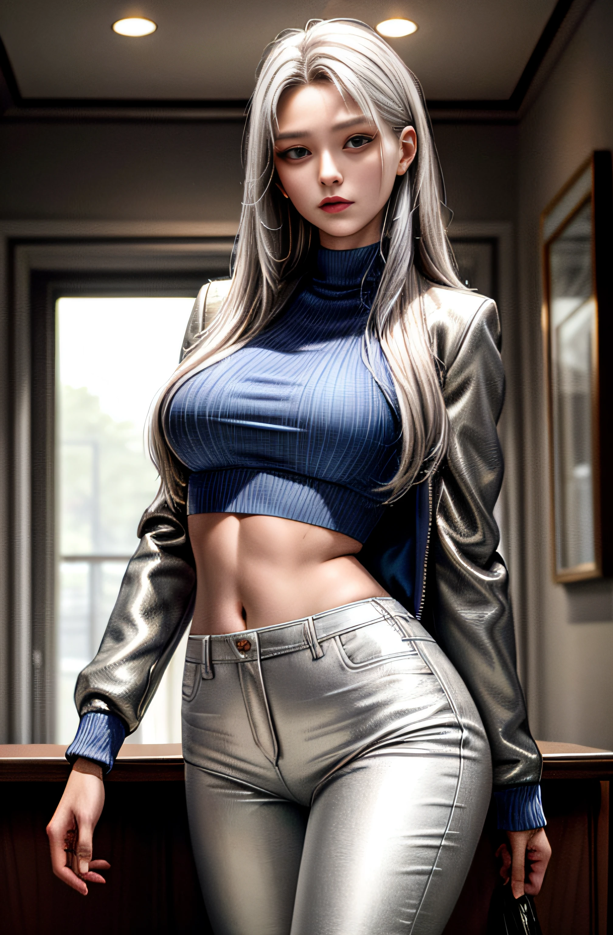 Best quality, Masterpiece, Portrait, Perfect anatomy, Flawless, 1womanl, Solo, Sexy, Stylish, mature, Silver pants, croptop, Jacket, Long hair, Feminine, Cool, queen, Correct female anatomy,