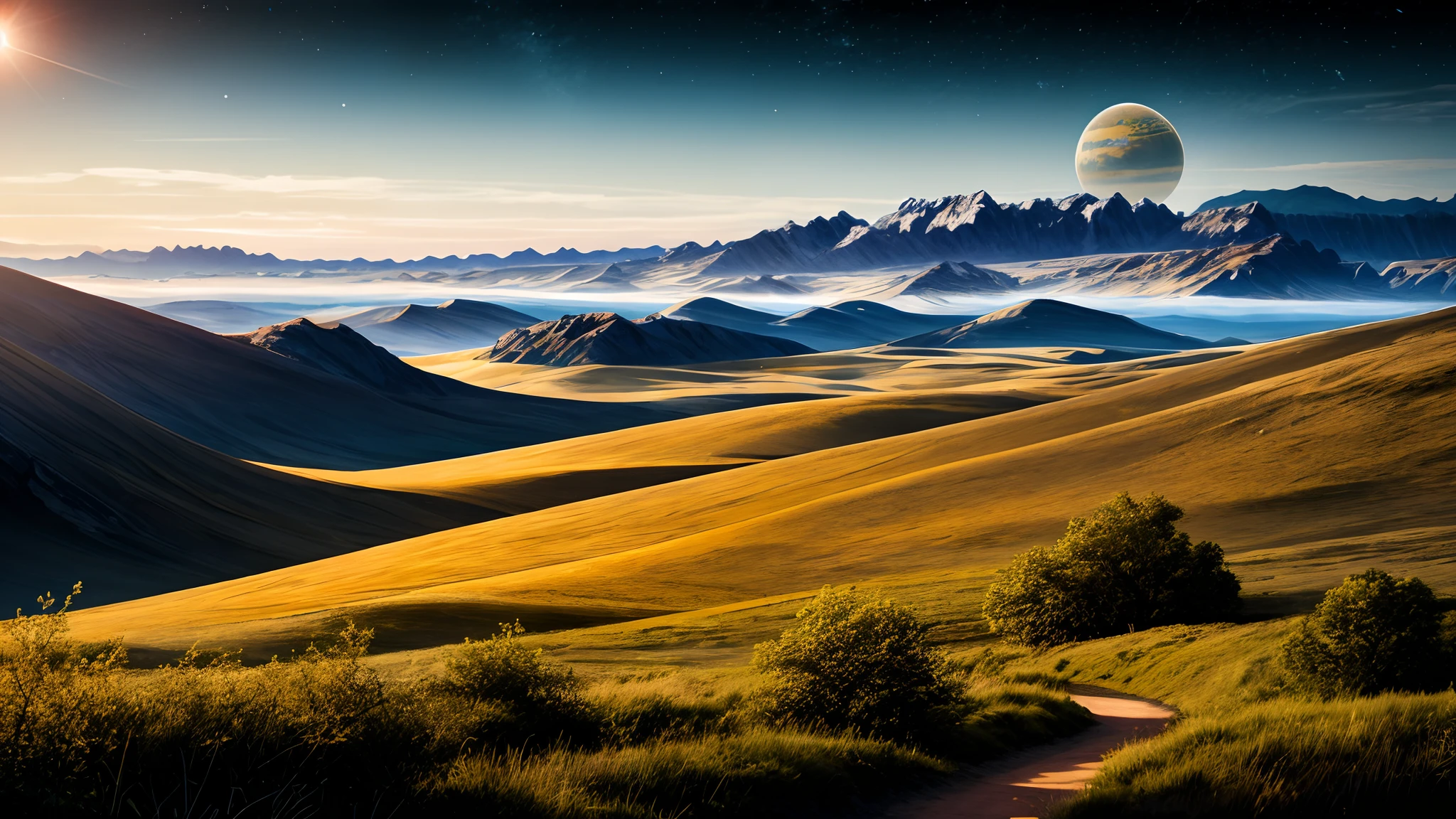 Realistisches Foto eines fernen Planeten mit einer fantastischen Landschaft.