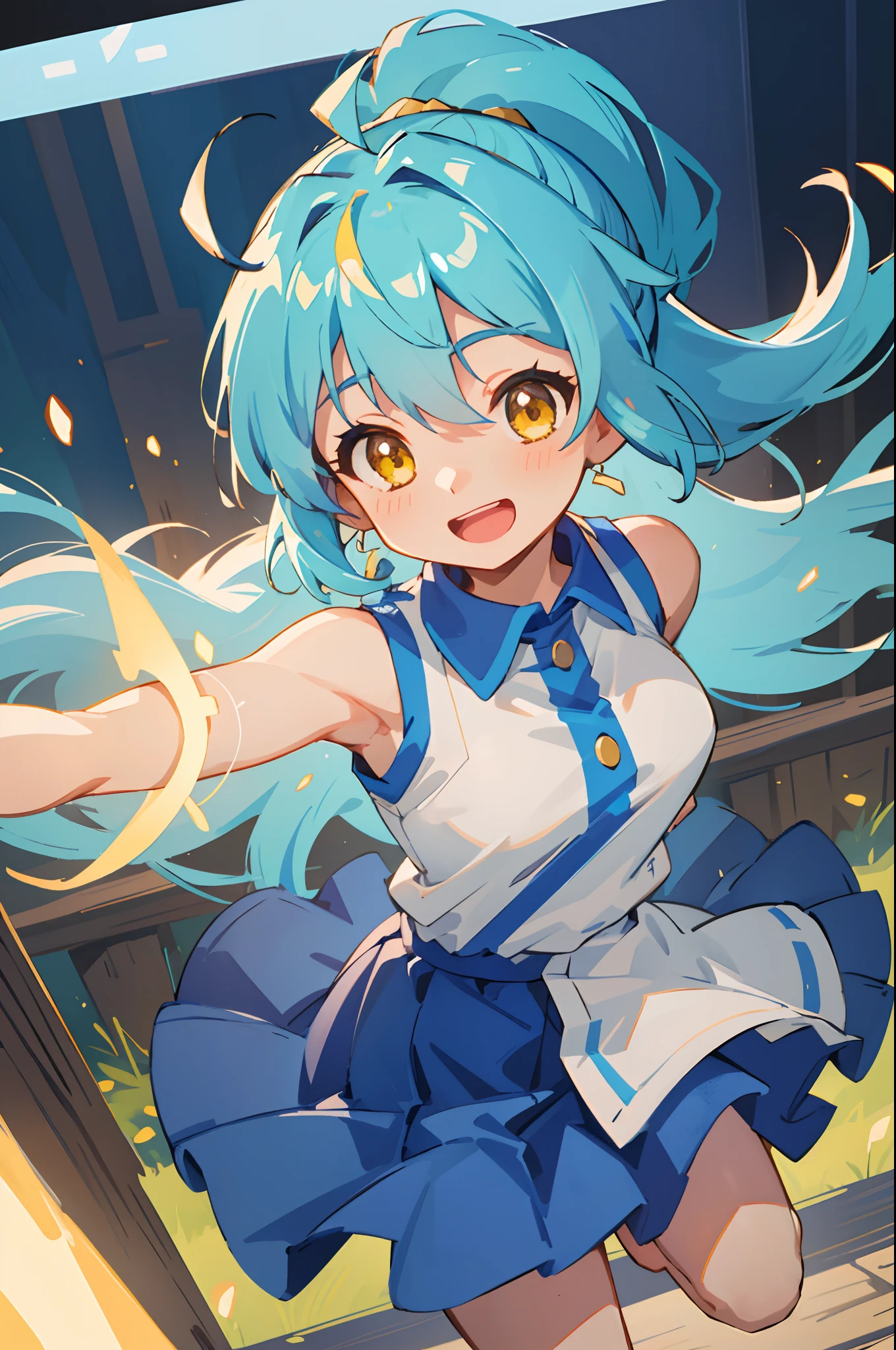 ​masterpiece, top-quality,  middle size breasts、Blue hair、Pony tail、glowing yellow eyes、Bangs between the eyes、Ahoge, sleeveless shirts, skirt by the, The upper part of the body, From  above, Look at viewers, A smile, open open mouth, Rustic village