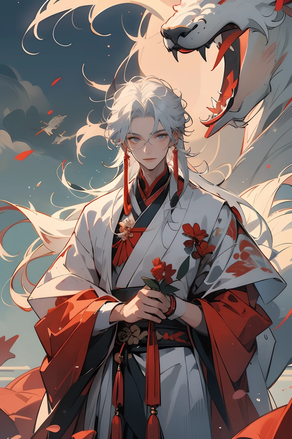 A man，hands unfolded，In mid-air，Positive perspective，full bodyesbian，ssmile，long  white hair，White and red hanfu，Background sky，toplight，with petals falling。