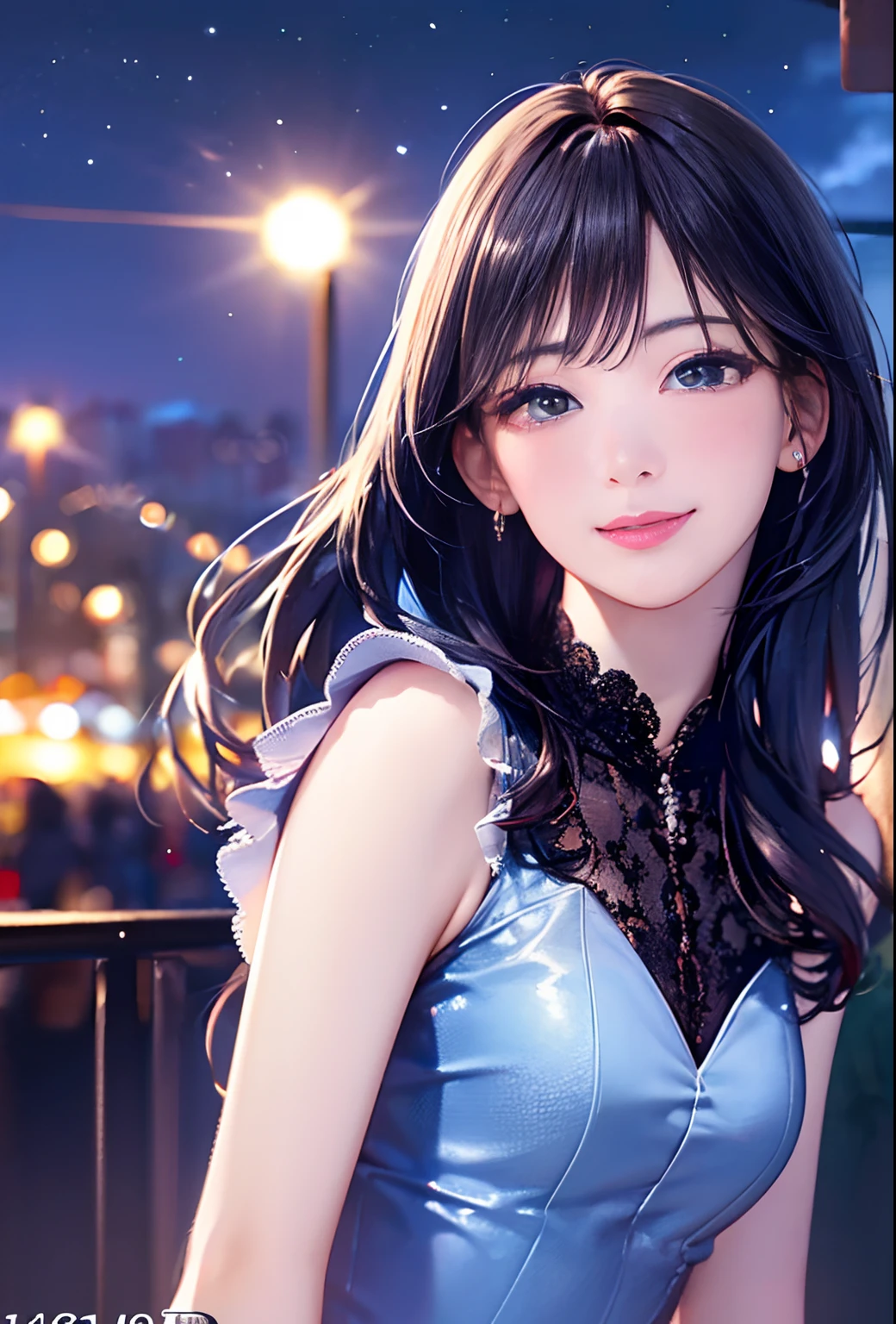 (8k, top quality, masterpiece: 1.2), (realistic, photorealistic: 1.37), super detailed, girl single, cute, solo, midnight, beautiful detailed sky, detailed café, sitting, date, (blush), (smile: 1.15), small breasts (mouth closed), beautiful fine eyes, floating hair NovaFrogStyle, back open dress