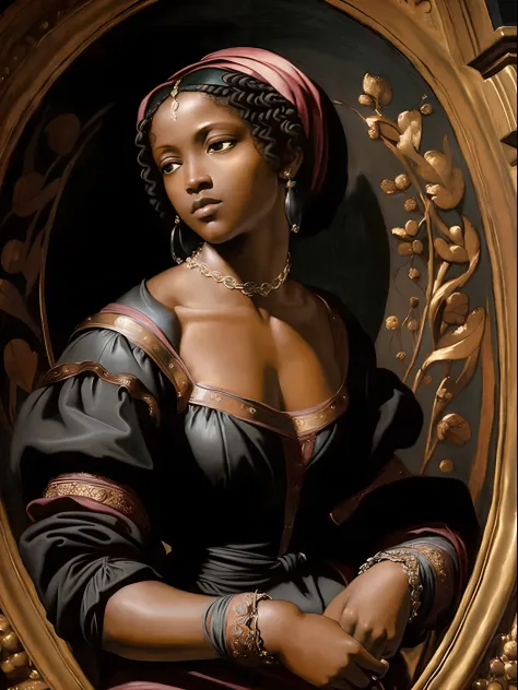 (renaissance oil painting of a beautiful black woman:1.3), best quality, masterpiece, expressive, thrilling, 256k, epic, crepusc...