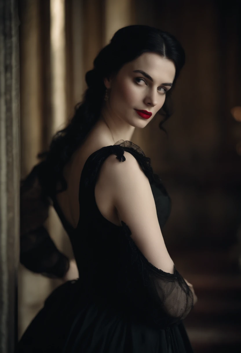 fourteenth century french courtesan beautiful in black clothing.  Pale skin, Black hair, red lips