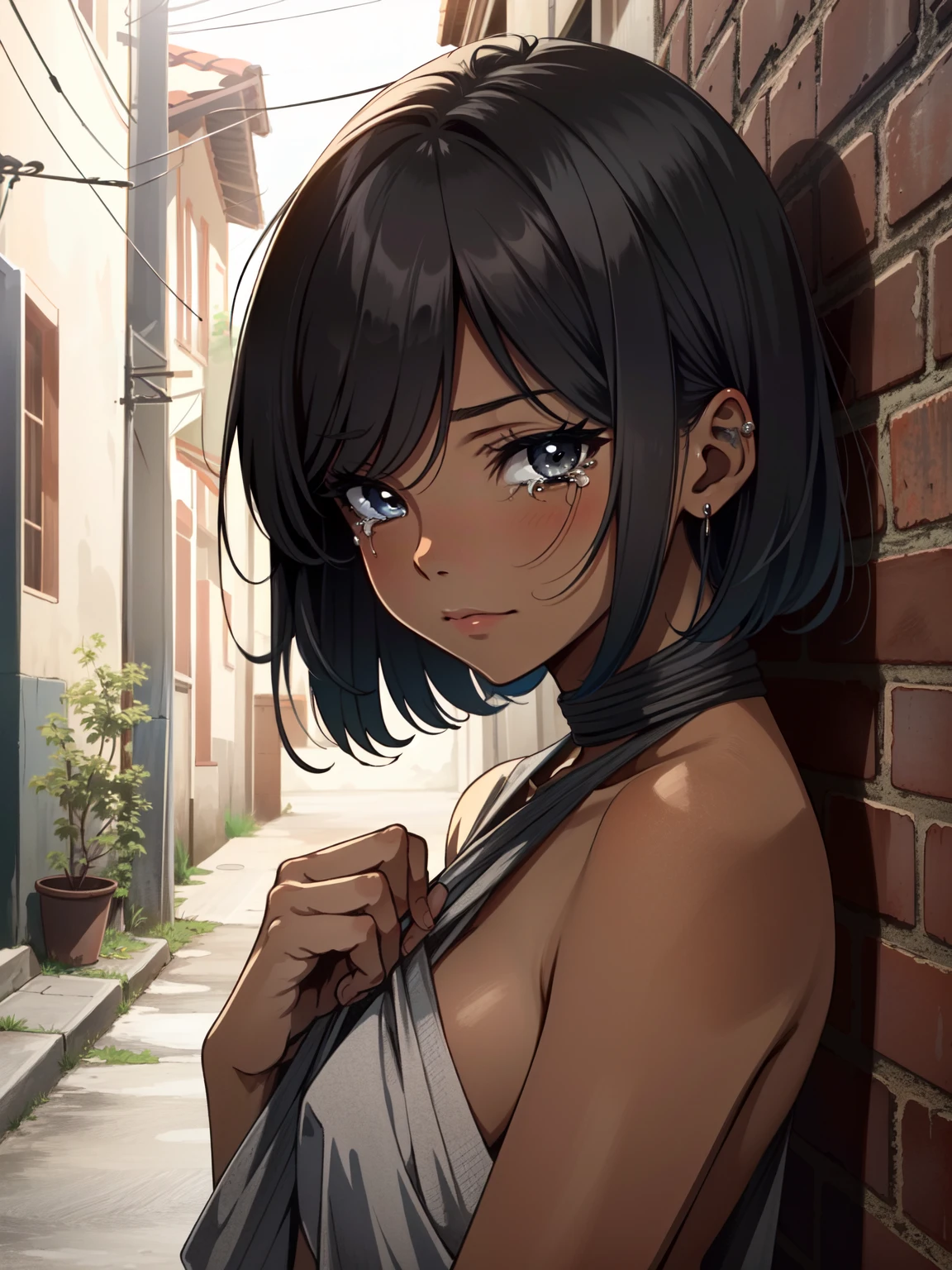 Anime girl with black hair and blue eyes leaning against a brick wall -  SeaArt AI