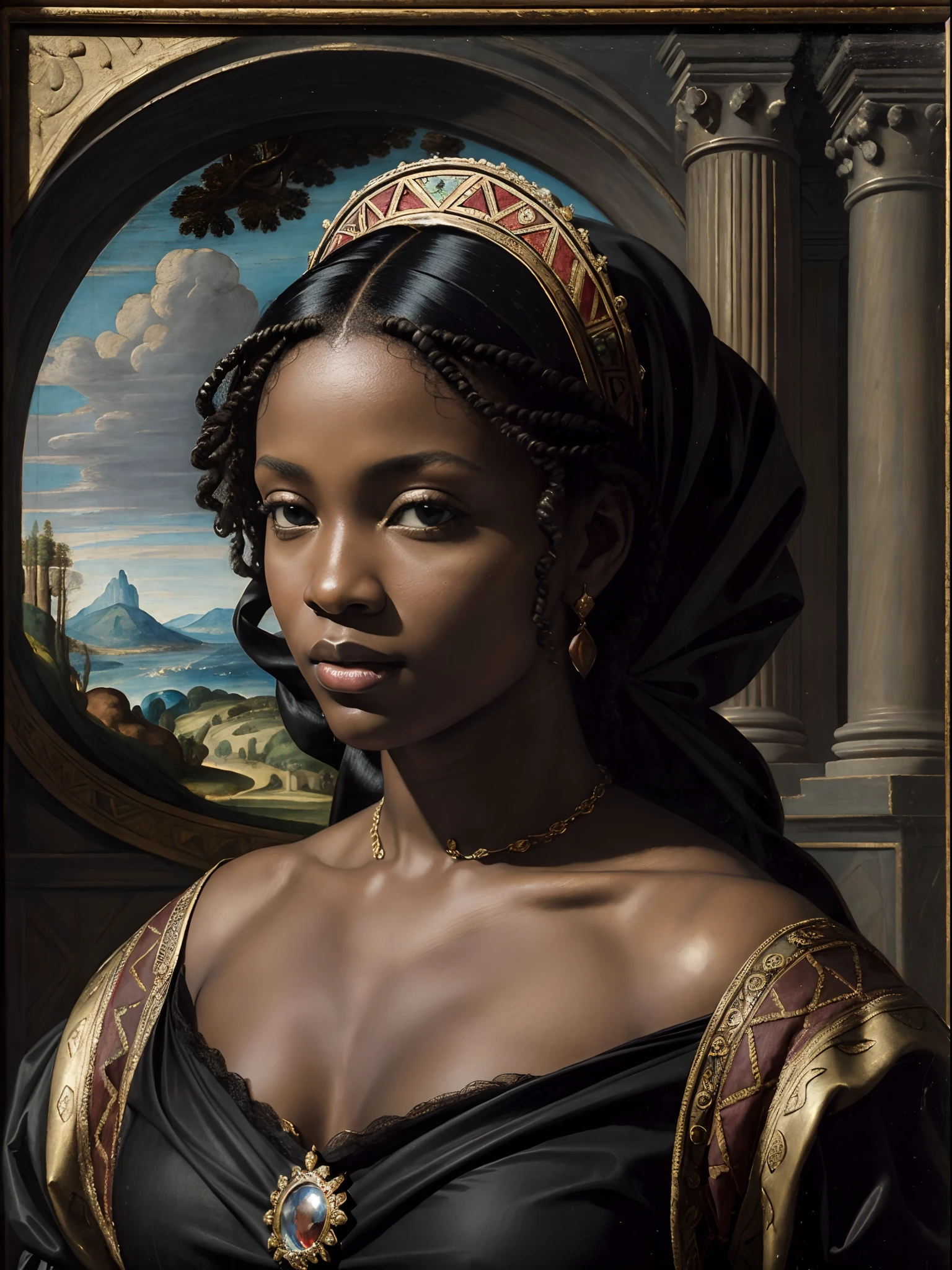 (Peinture à l&#39;huile Renaissance représentant une belle femme noire:1.3), Meilleure qualité, chef-d&#39;œuvre, expressif, Palpitant, 256k, épique, lumières crépusculaires, (par Michel-Ange, par Rafael, par Rubens:1.2), clair-obscur, Meilleure qualité, chef-d&#39;œuvre, (meilleures mains), Excellent, remarquable, Stupéfiant, magnifique, qualité supérieure, 10/10, splendide, Incroyable, merveilleux