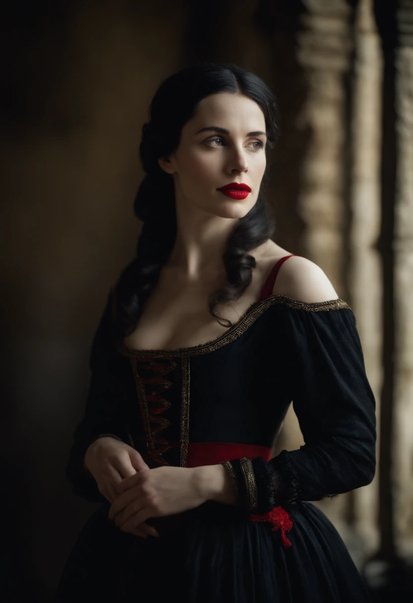 Fourteenth Century French Courtesan Beautiful In Black Clothing. Pale 