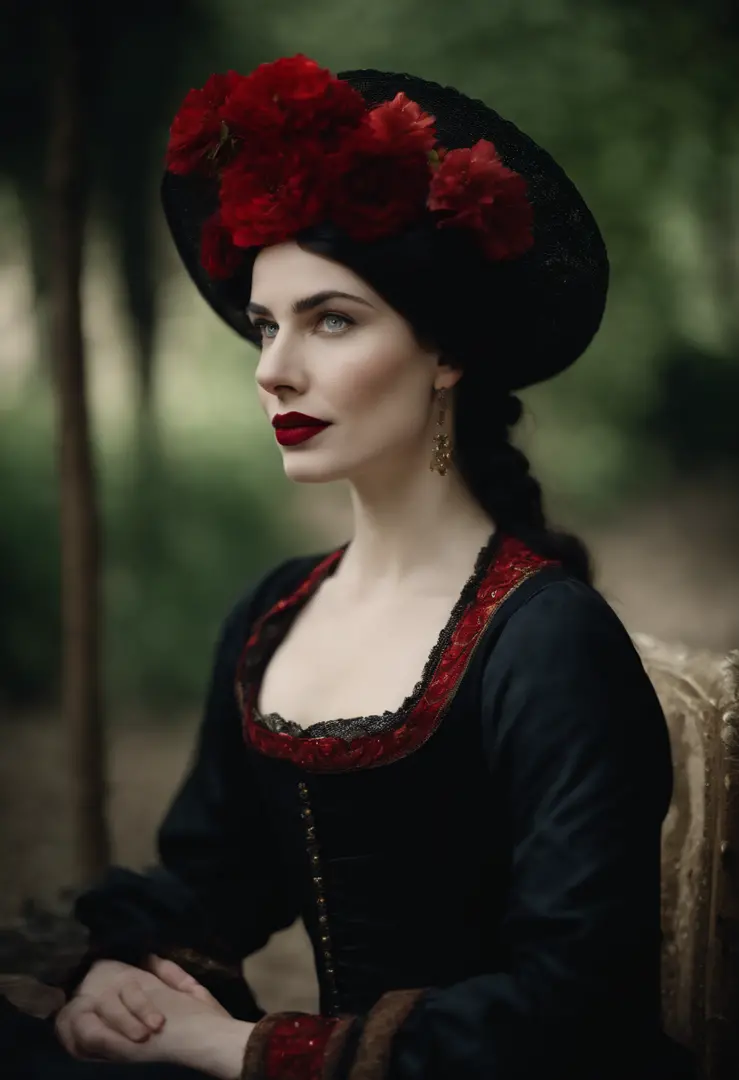 happy fourteenth century french courtesan beautiful in black clothing.  Pale skin, Black hair, red lips