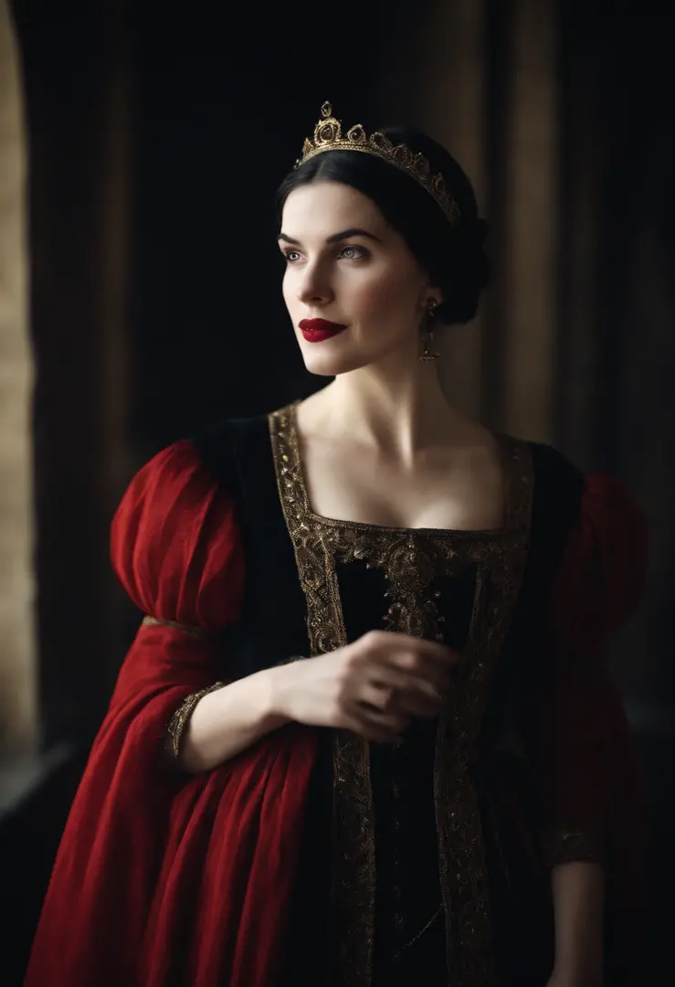 happy fourteenth century french courtesan beautiful in black clothing.  Pale skin, Black hair, red lips