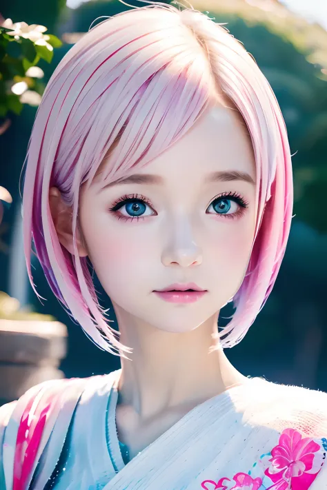 Cowboy Shot、Kawaii Girl, Exaggerated glowing eyes, Watercolor ink style rendering，Simple and aesthetically pleasing to the touch, Comic-inspired design, , mostly calm blue and bright pink,,,Silver hair with pink tips,Super Short Bob, Cute short hairstyle, ...