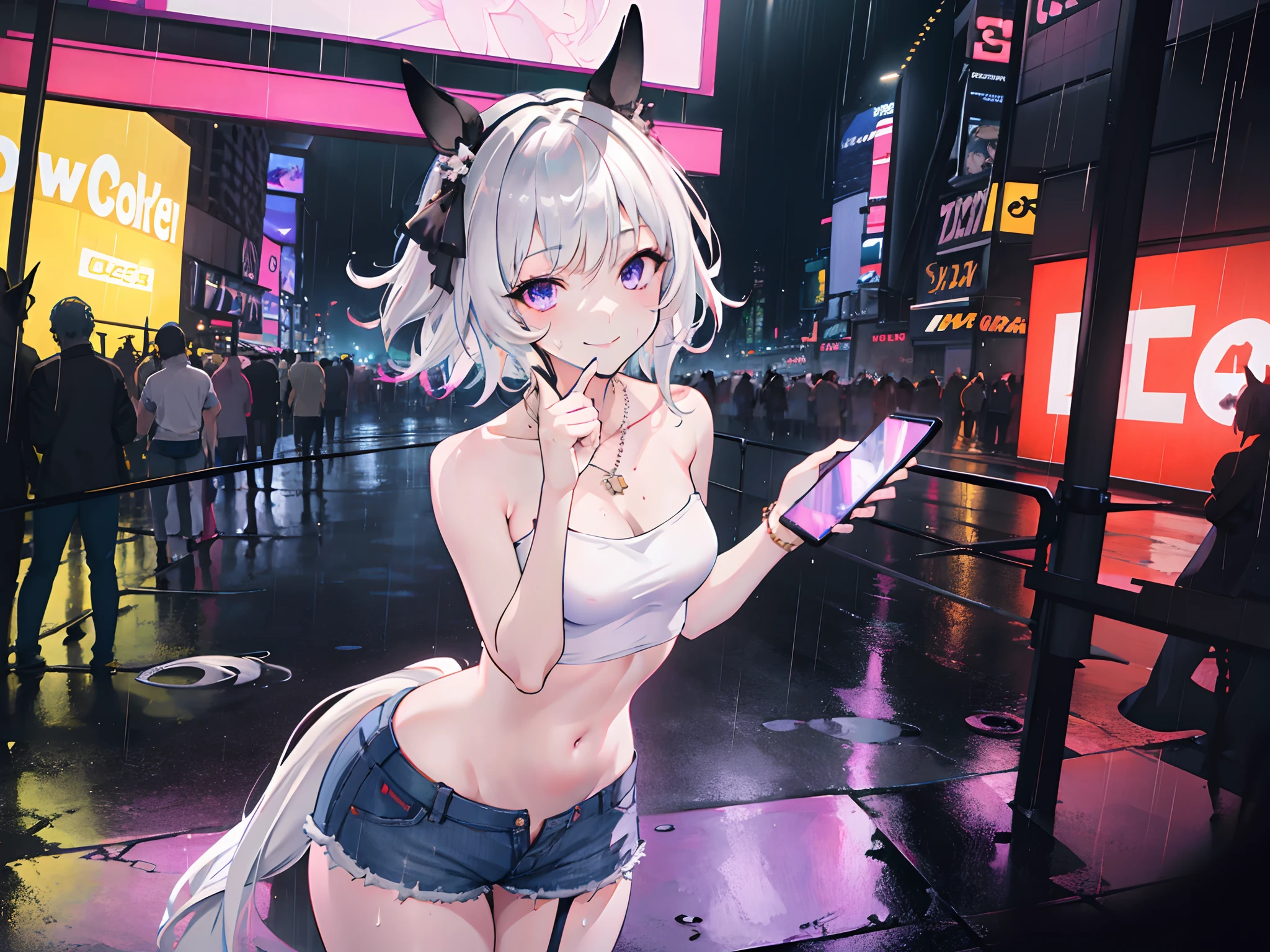 masterpiece, 1 girl, bandeau, white tube top, high angle, intricately detailed, new york times square, night, neon lights, raining, puddle, streets, crowd, navel, necklace, holding smartphone, beautiful face, denim shorts, smiling, extremely detailed, photorealistic, octane render, 8 k, unreal engine. horse ears, horse tail, bare breasts, bare stomach, sweaty, people on background, heavy breathing, detailed, cowboy shot, small breasts, black belt, leg strap, hair ribbon, white hair, solo, cleavage, navel, purple eyes, bare shoulders, stomach