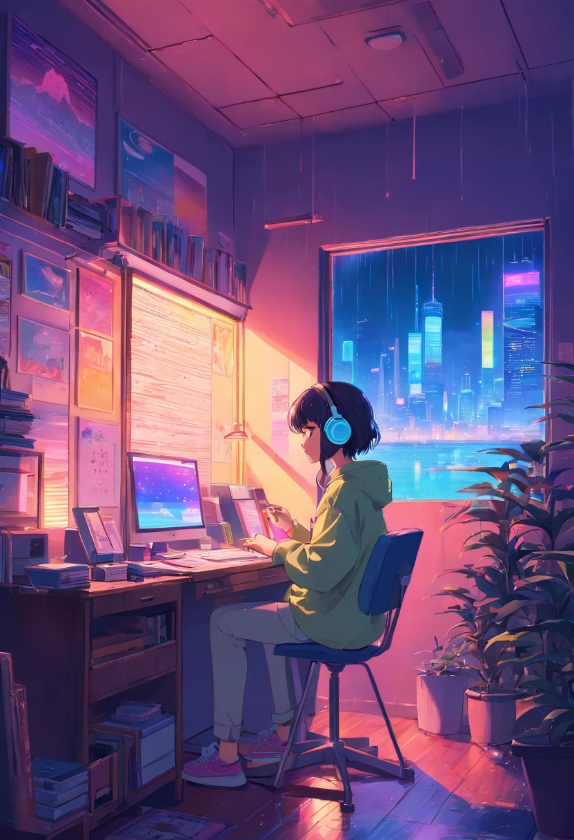 (zero), Girl studying in her room, reading a book, Wear headphones ...