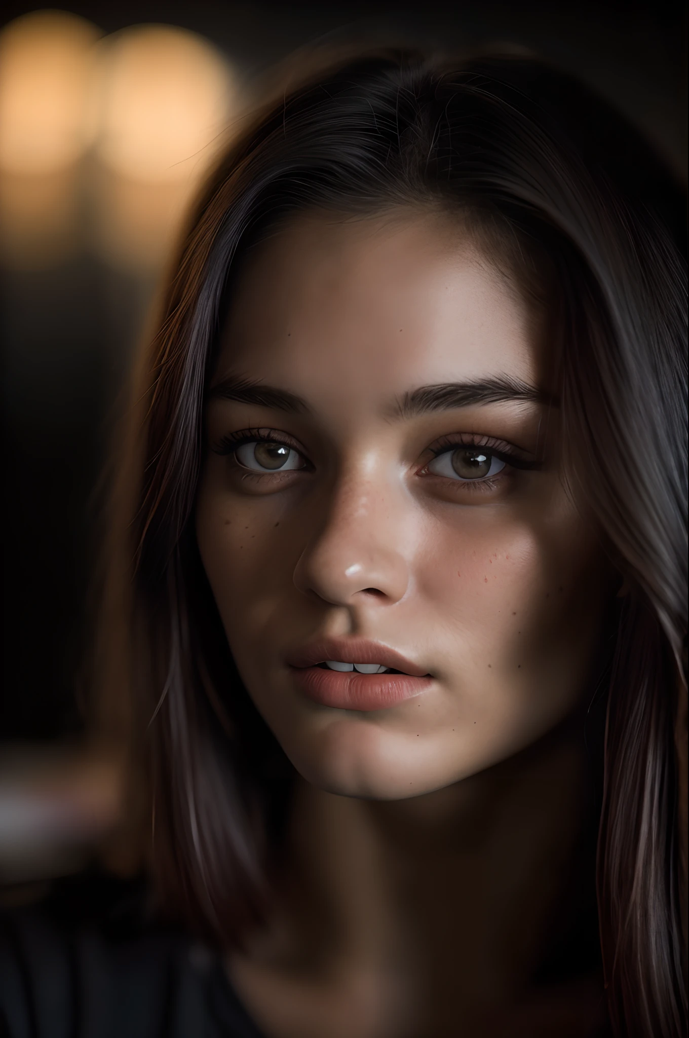 (close-up, editorial photograph of a 21 year old woman), (highly detailed face:1.4) (smile:0.7) (background inside dark, moody, private study:1.3) POV, by lee jeffries, nikon d850, film stock photograph ,4 kodak portra 400 ,camera f1.6 lens ,rich colors ,hyper realistic ,lifelike texture, dramatic lighting , cinestill 800,