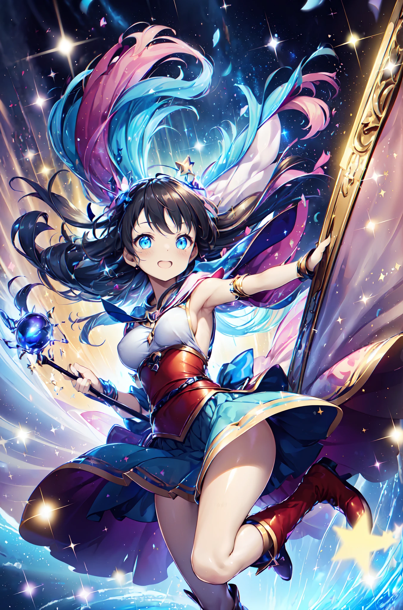 ((magical little girl)), ((Gorgeous starry sky background)), ((Ultra-detailed)),(Best water illustration), ((Cinematic lighting)), Dynamic Angle, Floating, finely detailed,(Transparent outer skirt and streamers:1.1), (glitters:1.2), (Sparkle:1.2), (Shine:1.2), (Best quality), (Masterpiece:1.2), (Anime style), (Solo), Beautiful detailed face, (Cute face:1.3), Colorful hair, (Long hair:1.2), (Floating hair:1.2), (Love magic girl costume), detailed outfits, (Sparkling wand:1.3), (Magical effect:1.3), (Flowing skirt:1.2), (Cute boots:1.1), (Transparent fabric:1.1), (Twinkle:1.2), (Glow:1.2), (Radiance:1.2), (Flicker:1.2), (Dazzle:1.2),(The magic of love:1.3)