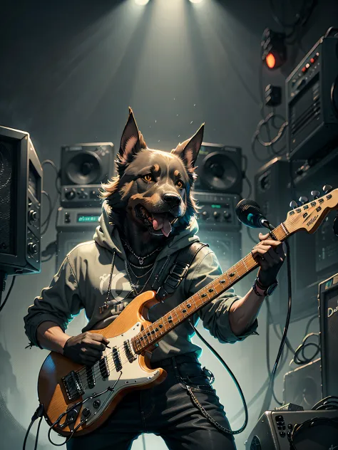 C4tt4stic,Cartoon of a rock singer playing an electric guitar、Doberman dog（Intense performance）