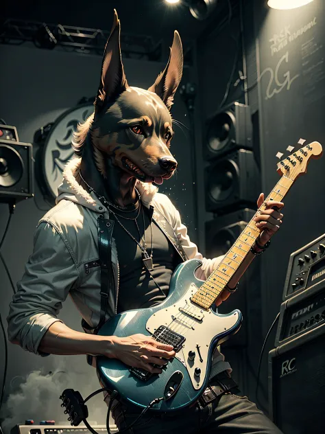 C4tt4stic,Rock singer Doberman dog playing electric guitar（Intense performance）