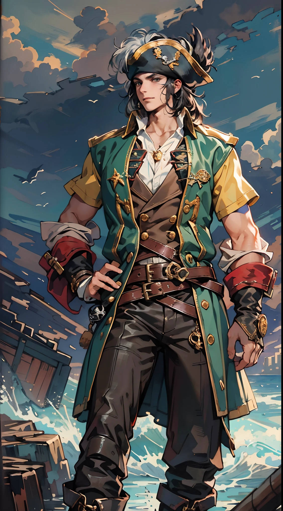 A man with short gray hair, Wearing a brown headband, deep-set eyes, a determined expression, a smiling face, he is dressed in a two-piece fantasy pirate-style leather outfit, flowing lower hem, short sleeves, gloves, a belt around his waist, coarse fabric trousers, long leather boots, the color scheme includes yellow and light blue and black and red, he has a tall stature, stands with his right hand on his hip, exuding confidence, in the background showcases the raging sea with towering waves, in the distance a thriving city can be seen, this character embodies a finely crafted fantasy-style pirate in anime style, characterized by an exquisite and mature manga illustration art style, high definition, best quality, highres, ultra-detailed, ultra-fine painting, extremely delicate, professional, anatomically correct, symmetrical face, extremely detailed eyes and face, high quality eyes, creativity, RAW photo, UHD, 8k, Natural light, cinematic lighting, masterpiece:1.5