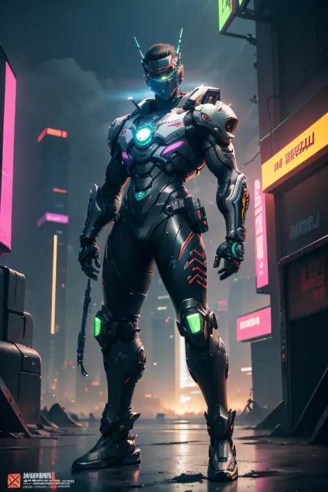 (highly detailed:1.5), (8k), futuristic mecha guy on the cover of a neon-lit science fiction magazine, style (cyberpunk:1.3), wearing a battle suit with bright details, posing majestic, (bold typography:1.2), dynamic composition, vibrant colors, (inspired ...