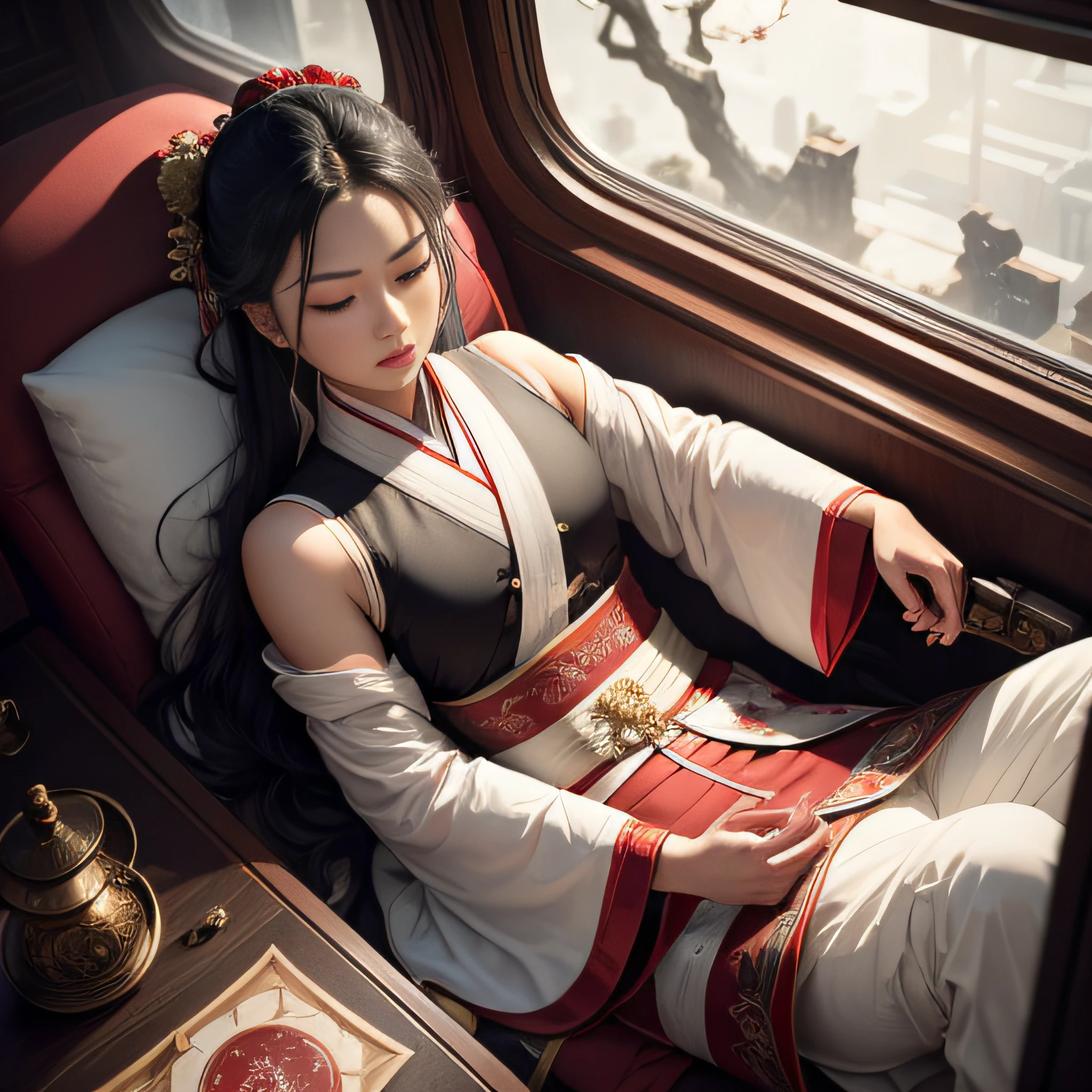 In the carriage, Li Xunhuan, Dressed in white, literati dressed, He was half-lying down, drink, Holding a porcelain wine jug and porcelain wine glass, hair over shoulder, black hair, kanzashi, hair bobbles, eyes closed, hair scrunchie, kanzashi, hair tie, Art Deco, Cubism, viewfinder, from above, foreshortening, from side