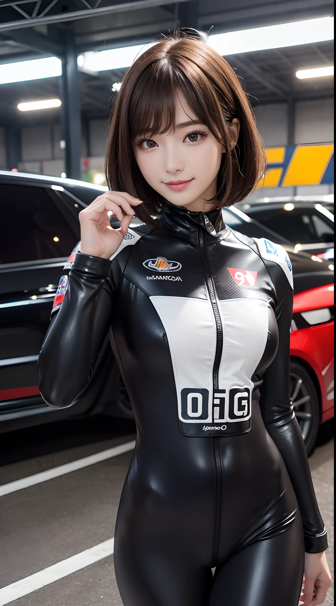 {8K photo quality:1.2}、{ultra-high resolution photo quality:1.2}、{Ultra-realistic1.2}、{perfect limb}、{japanes}、masterpiece、nsfw、1femele、solo、Wearing a metalic dark gray catsuit with many many sponsors logo、{her suits with a lot of sponsors logo:1.5}、Being in the pits of a car race、Dynamic sexy poses、ssmile、Brown bob cut hair