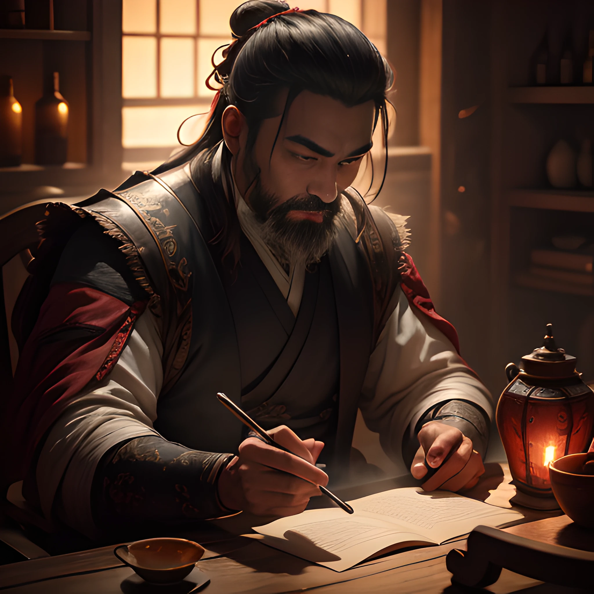 His name is Li Xunhuan, Dressed in white, cabelos preto e longos, Mature smile, Shot glass in hand, Literati dressed up, Sit at the table, There was a wine jug on the table, The background is inside the inn, without a beard, chiaroscuro, silhouette, film grain, Classicism, high detail, ray tracing, highres, best quality, retina, masterpiece, textured skin, anatomically correct